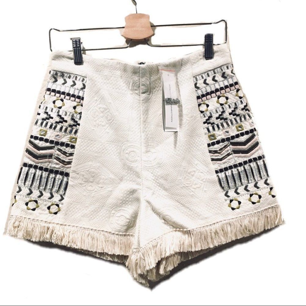 STUNNING French connection Fringe Embroidered Beaded boho shorts 8 FLAWED